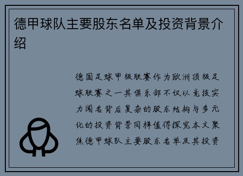 德甲球队主要股东名单及投资背景介绍